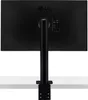 The back of a black LG monitor mounted on a stand, clamped to a white surface. Produktbild-Vorschau