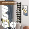 A wall-mounted wine rack with bottles, shown with installation diagrams and decorative artwork in the background. Náhled obrázku produktu
