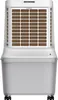 A front view of a white portable air cooler with a brown honeycomb filter and a transparent gray water tank at the bottom. It is on a white background with four black wheels visible at the base. Produktbild-Vorschau