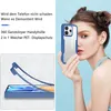 A woman is holding a blue and clear phone case in front of her face, with a diagram of the case being applied to a phone below. Produktbild-Vorschau