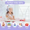 A young girl wearing cat-ear headphones is drawing, surrounded by gift boxes and festive decorations. Below are icons representing different gift-giving occasions. Produktbild-Vorschau
