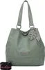 A studio shot of a green shoulder bag with a leaf charm.