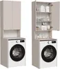 Two views of a beige washing machine cabinet with a washing machine inside. The left view shows the cabinet with closed doors above the washing machine. The right view shows the cabinet with open doors, revealing shelves with various bottles and containers Náhľad obrázku produktu