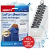 A product collage showing hanging dehumidifiers and clothing in a wardrobe. Produktbild-Vorschau