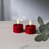 Two red LED candles with flickering yellow flames sit on a light-colored wooden surface. A green eucalyptus branch is in the foreground on the right. Produktbild-Vorschau