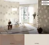 A collage showing wallpaper samples in a room setting and close-ups of the patterns. Produktbild-Vorschau
