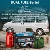 A generator, gas cylinder, and fuel canister are set up outdoors in front of a van, suggesting a camping or outdoor power solution. Podgląd zdjęcia produktu