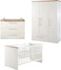 A nursery set including a crib, a dresser with a changing top, and a wardrobe, all in white with wood accents. Produktbild-Vorschau