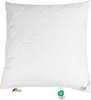 A white quilted pillow is shown against a white background. It has two tags attached to it. Produktbild-Vorschau