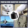 Collage showing a small black tracking device attached to a cat's collar, a pigeon's leg, a car's rearview mirror, and a backpack zipper. Produktbild-Vorschau