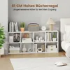 A white bookshelf filled with various items, placed in a room with a bed and a rug. Produktbild-Vorschau