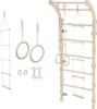 A collection of wooden gymnastic equipment for children, including a wall-mounted ladder, rings, and a climbing rope, displayed against a white background.