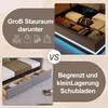 A collage comparing two types of bed storage: a large, open storage space under a bed with LED lighting, and a bed with smaller storage drawers. Podgląd zdjęcia produktu