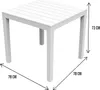 A white square garden table with dimensions indicated. Produktbild-Vorschau