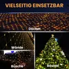 Collage showing different applications of LED lights: on a roof, on walls, on bushes, and on a Christmas tree. Produktbild-Vorschau