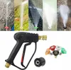 A collage showing a pressure washer gun with multiple nozzle attachments and examples of their spray patterns. Náhled obrázku produktu