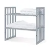 A gray wooden bunk bed frame with two white duvets on the shelves, shown against a white background. Produktbild-Vorschau