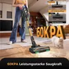 A person is using a stick vacuum cleaner in a living room, with text overlays highlighting its features. Produktbild-Vorschau