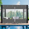 An outdoor gazebo with transparent curtains, furniture, and a swimming pool in the foreground. Produktbild-Vorschau