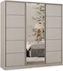A three-door wardrobe with a mirrored center door, reflecting a bedroom scene with a bed and a floor lamp. The wardrobe has a light gray frame and light gray doors with horizontal paneling. The mirrored door has a floral pattern overlay. Produktbild-Vorschau
