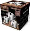 A product box for a set of stainless steel pots and pans, with images of the pots and descriptive text. Produktbild-Vorschau