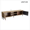 A 3D rendering of a modern TV stand with open doors and drawers, showing dimensions. Anteprima dell’immagine prodotto