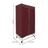 A burgundy colored clothes drying rack with wheels is shown against a white background. Dimensions are indicated with lines and text. Podgląd zdjęcia produktu