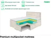 A cutaway diagram of a mattress showing its internal layers, placed on a bed frame. Produktbild-Vorschau