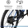 Close-up of an e-bike's rear wheel and drivetrain, with marketing text and icons above. Produktbild-Vorschau