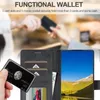 A hand holding a black card in front of a wallet-style phone case with a phone screen showing a landscape. Produktbild-Vorschau