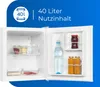 An open mini refrigerator showing its interior with food and drinks, with marketing text overlay. Produktbild-Vorschau