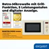 A retro-style cream-colored microwave oven is shown with marketing text and awards. Produktbild-Vorschau