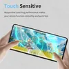 A person's hands are holding a smartphone with a screen protector applied, displaying a video game scene. Text overlays highlight the product's touch sensitivity. Produktbild-Vorschau