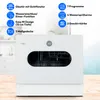 A white countertop dishwasher is shown with feature callouts. Produktbild-Vorschau