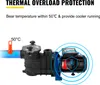 A pool pump with thermal overload protection indicated by a thermometer and radiating circles. Anteprima dell’immagine prodotto