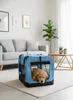 A golden retriever puppy is inside a blue and black soft-sided dog crate in a living room. Produktbild-Vorschau