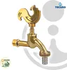 A brass faucet shaped like a rooster, with a threaded connection on the left and a hose barb on the right. Produktbild-Vorschau