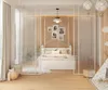 A bedroom with a white bed and wooden accents. Produktbild-Vorschau