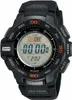 A black Casio ProTrek watch with a digital display and various function indicators is shown against a white background. Produktbild-Vorschau