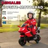 A child is riding a red toy motorcycle outdoors. Produktbild-Vorschau