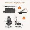 Diagrams showing dimensions and weight capacity of an ergonomic chair and a desk attachment. Produktbild-Vorschau