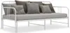 A white metal daybed with several pillows on it, shown against a white background. Produktbild-Vorschau