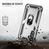 A silver phone case with a ring holder is shown in a dynamic pose, with debris falling around it, suggesting durability and protection. Produktbild-Vorschau