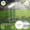 A chicken coop in a grassy outdoor setting, with overlays indicating weather protection features. Voir les images du produit