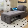 A gray sofa bed with a tufted seat and a built-in LED light strip is shown in a room setting. Voir les images du produit