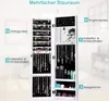 A white jewelry cabinet with its doors open, displaying various compartments for jewelry storage. Text overlays highlight the storage capacity. Produktbild-Vorschau