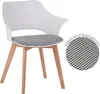 A white chair with a black and white patterned cushion and wooden legs, shown against a white background. A circular inset highlights the fabric pattern and includes text. Produktbild-Vorschau