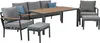 A six-piece outdoor furniture set including a sofa, two chairs, a table, and two ottomans, all with gray cushions and wooden accents. Produktbild-Vorschau