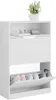 A white shoe cabinet with two flip-down compartments, displaying shoes and decorative items on top. Náhľad obrázku produktu