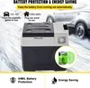 A portable car refrigerator is shown in front of a blurred car, with text overlays highlighting its features. Voir les images du produit